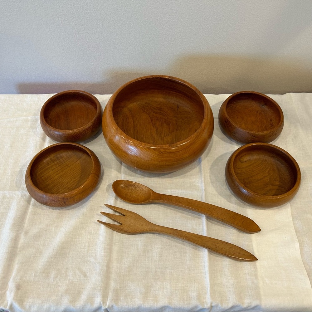 Mid Century Winsome Fine TeakWood Serving & Salad Bowls PLUS Servers 7 Pc Set